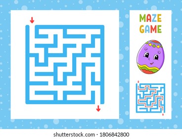 Square maze. Game for kids. Puzzle for children. Happy character. Labyrinth conundrum. Color vector illustration. Find the right path. With answer. Isolated vector illustration. Cartoon style.