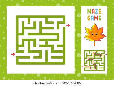 Square maze. Game for kids. Puzzle for children. Happy character. Labyrinth conundrum. Color vector illustration. Find the right path. With answer. Isolated vector illustration. Cartoon style.