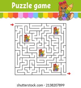 Square maze. Game for kids. Puzzle for children. Labyrinth conundrum. Color vector illustration. Find the right path. Isolated vector illustration. cartoon character.