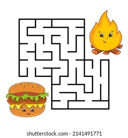 Square maze. Game for kids. Puzzle for children. Labyrinth conundrum. Color vector illustration. Isolated vector illustration. cartoon character. Barbecue theme.