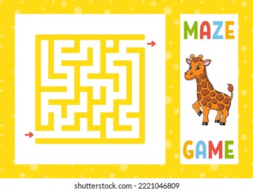 Square maze. Game for kids. Puzzle for children. Happy character. Labyrinth conundrum. Color vector illustration. Find the right path. With answer. Isolated vector illustration. Coon style.