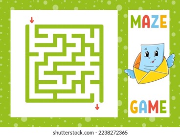 Square maze. Game for kids. Puzzle for children. Happy character. Labyrinth conundrum. Color vector illustration. Find the right path. Isolated vector illustration. cartoon style.