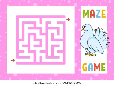 Square maze. Game for kids. Puzzle for children. Happy character. Labyrinth conundrum. Color vector illustration. Find the right path. Isolated vector illustration. cartoon style.