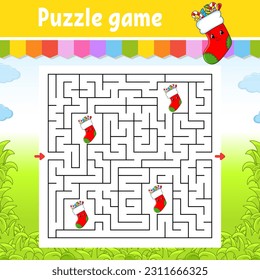 Square maze. Game for kids. Puzzle for children. Labyrinth conundrum. Find the right path. Cartoon character. Vector illustration.