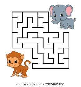 Square maze. Game for kids. Puzzle for children. Labyrinth conundrum. cartoon character. Isolated on white background. Vector illustration.