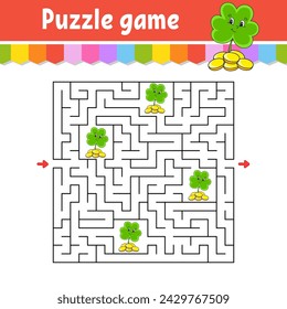 Square maze. Game for kids. Puzzle for children. Labyrinth conundrum. Find the right path. Cartoon character. Vector illustration.