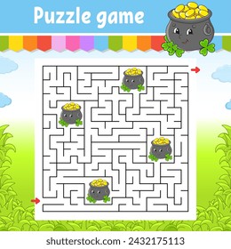 Square maze. Game for kids. Puzzle for children. Labyrinth conundrum. Find the right path. Cartoon character. Vector illustration.