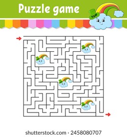 Square maze. Game for kids. Puzzle for children. Labyrinth conundrum. Find the right path. Cartoon character. Vector illustration.