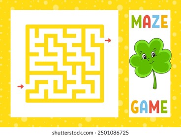 Square maze. Game for kids. Puzzle for children. Happy character. Labyrinth conundrum. Find the right path. Vector illustration.