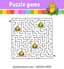 Square maze. Game for kids. Puzzle for children. Labyrinth conundrum. Find the right path. Cartoon character. Vector illustration.