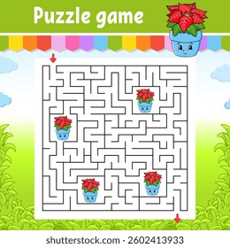 Square maze. Game for kids. Puzzle for children. Labyrinth conundrum. Find the right path. Cartoon character. Vector illustration.