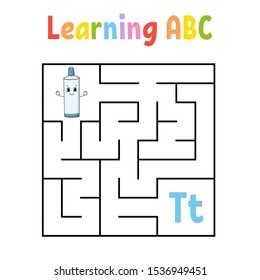Square maze. Game for kids. Quadrate labyrinth. Education worksheet. Activity page. Learning alphabet. Cute cartoon style. Find the right way. Logical conundrum. Color vector illustration.