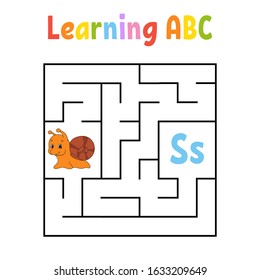 Square maze. Game for kids. Quadrate labyrinth. Education worksheet. Snail mollusk. Activity page. Learning English alphabet. Cartoon style. Find the right way. Color vector illustration.