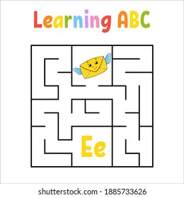 Square maze. Game for kids. Quadrate labyrinth. Education worksheet. Activity page. Learning English alphabet. Cartoon style. Find the right way. Color vector illustration.