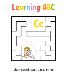 Square maze. Game for kids. Quadrate labyrinth. Education worksheet. Activity page. Learning English alphabet. Cartoon style. Find the right way. Color vector illustration.