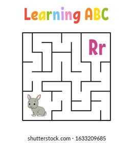Square maze. Game for kids. Rabbit bunny animal. Quadrate labyrinth. Education worksheet. Activity page. Learning English alphabet. Cartoon style. Find the right way. Color vector illustration.