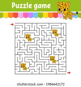 Square maze. Game for kids. Spotted jaguar. Puzzle for children. Labyrinth conundrum. Color vector illustration. Find the right path. Isolated vector illustration. Cartoon character.