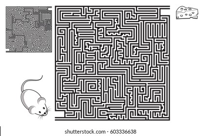 Square maze game with solution, high level. Mouse and piece of cheese. Coloring page. 