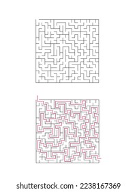 The square maze has an entrance and an exit. Maze with the answer, the path of passage