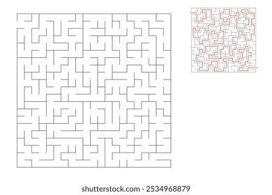 O labirinto quadrado tem uma entrada e uma saída. Labirinto com a resposta, o caminho da passagem.