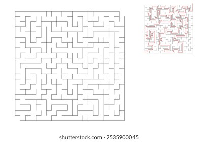O labirinto quadrado tem uma entrada e uma saída. Labirinto com a resposta, o caminho da passagem.