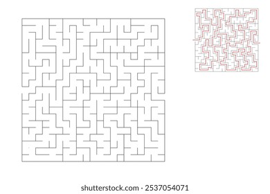 O labirinto quadrado tem uma entrada e uma saída. Labirinto com a resposta, o caminho da passagem.