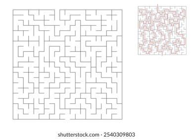 O labirinto quadrado tem uma entrada e uma saída. Labirinto com a resposta, o caminho da passagem.