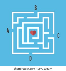 Square maze with heart in centre of it and four options on blue background. Game, choice, love, search and doubt concept. Flat design. EPS 8 vector illustration, no transparency, no gradients