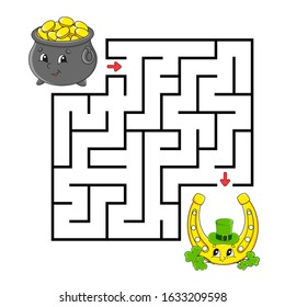 Square maze. Horseshoe and pot. Game for kids. Puzzle for children. Labyrinth conundrum. Color vector illustration. Isolated vector illustration. Cartoon character.