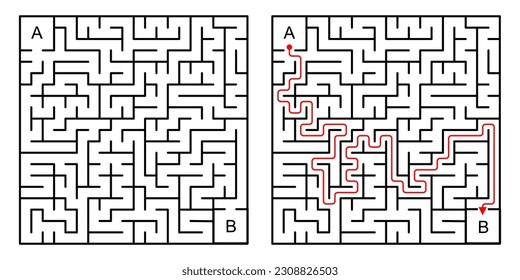 Square Maze Illustration Template with   Solution - Creative Vector. Stock Blank black and white geometrical labyrinth isolated on white background.