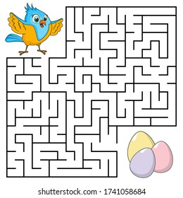 Square maze for kids with cartoon Bird. Find right way to the Eggs. Entry and exit. Puzzle Game with answer. Learning Labyrinth conundrum. Education worksheet. Activity page. Logic Games for kids.