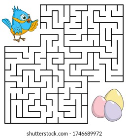 Square maze for kids with cartoon Bird. Find right way to the Eggs. Entry and exit. Puzzle Game with answer. Learning Labyrinth conundrum. Education worksheet. Activity page. Logic Games for kids.