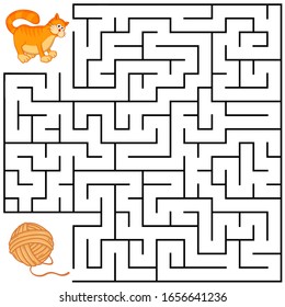 Square maze for kids with cartoon Cat. Find right way to the Tangle. Entry and exit. Puzzle Game with answer. Learning Labyrinth conundrum. Education worksheet. Activity page. Logic Games for kids.