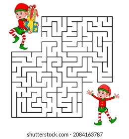 Square maze for kids with cartoon Christmas Elf. Find right way to the gnome. Entry and exit. Puzzle Game with answer. Learning Labyrinth conundrum for kids. Education worksheet. Activity page.