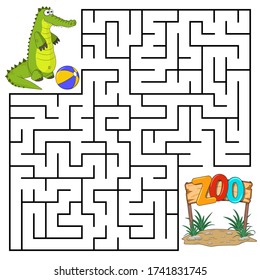 Square maze for kids with cartoon Crocodile. Find right way to the Zoo. Entry and exit. Puzzle Game with answer. Learning Labyrinth conundrum. Education worksheet. Activity page. Logic Games for kids.