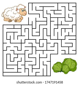Square maze for kids with cartoon Sheep. Find right way to the Cabbage. Entry and exit. Puzzle Game with answer. Learning Labyrinth conundrum. Education worksheet. Activity page. Logic Games for kids.