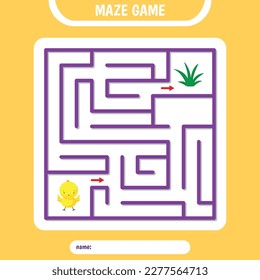 Square Maze for kids. Help chick find grass. Simple logic labyrinth game challenge. Vector illustration