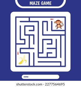 Maze cuadrado para los niños. Simple juego de laberinto lógico. Ayuda a que el mono encuentre plátano. Ilustración del vector