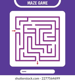 Square Maze for kids. Simple logic labyrinth game challenge. One entrance one exit. Way with deadlocks. Vector illustration