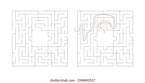 Square maze for kids. Simple puzzle: "Linear maze". Vector illustration of a children's toy. Easy medium to high difficulty. Labyrinth with entrance and exit. Set of 2 mazes, without clues and with cl