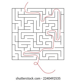 Square maze for kids. Simple puzzle: "Linear maze". Vector illustration of a children's toy. Easy medium to high difficulty. A labyrinth with an entrance and exit with hints, red line that shows clues