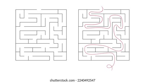 Square maze for kids. Simple puzzle: "Linear maze". Vector illustration of a children's toy. Easy medium to high difficulty. Labyrinth with entrance and exit. Set of 2 mazes, without clues and with cl