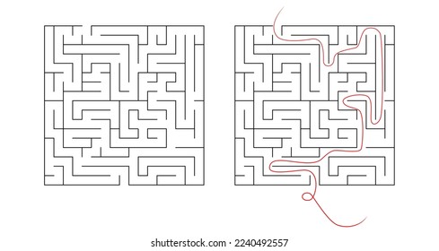 Square maze for kids. Simple puzzle: "Linear maze". Vector illustration of a children's toy. Easy medium to high difficulty. Labyrinth with entrance and exit. Set of 2 mazes, without clues and with cl