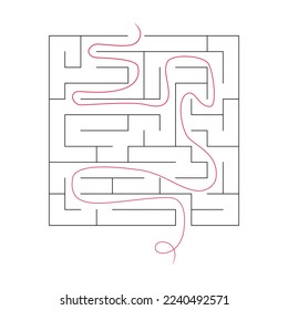 Square maze for kids. Simple puzzle: "Linear maze". Vector illustration of a children's toy. Easy medium to high difficulty. A labyrinth with an entrance and exit with hints, red line that shows clues