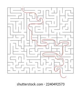 Square maze for kids. Simple puzzle: "Linear maze". Vector illustration of a children's toy. Easy medium to high difficulty. A labyrinth with an entrance and exit with hints, red line that shows clues