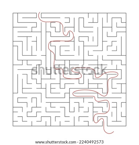 Square maze for kids. Simple puzzle: "Linear maze". Vector illustration of a children's toy. Easy medium to high difficulty. A labyrinth with an entrance and exit with hints, red line that shows clues