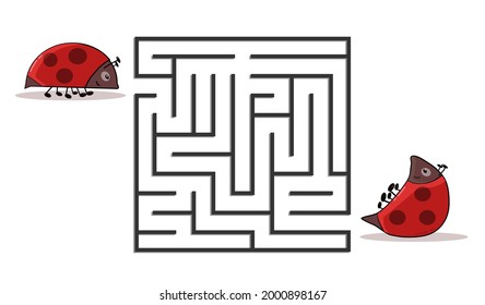 Square maze labyrinth with cartoon characters. Cute ladybug. Interesting game for children. Worksheet for education. Illustration isolated on white background.