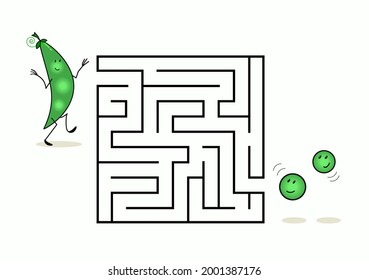 Square maze labyrinth with cartoon characters. Cute green pea pod. Interesting game for children. Worksheet for education. Illustration isolated on white background.
