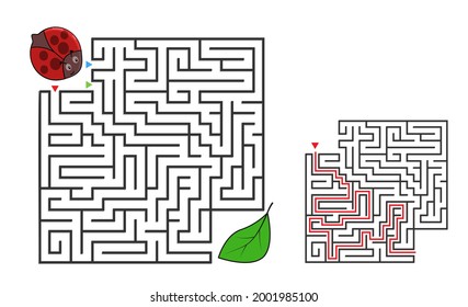 Square maze labyrinth with cartoon characters. Cute ladybug. Interesting game for children with solution. Worksheet for education. Illustration isolated on white background.