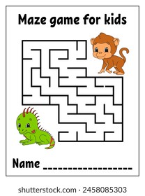 Square maze. Labyrinth conundrum. Game for kids. Puzzle for children. Cartoon character. Isolated on white background. Vector illustration.